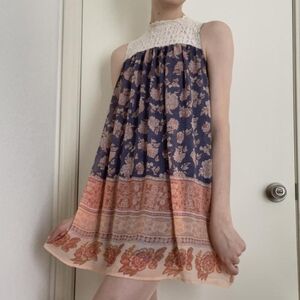 Bohomian Lace Trim Floral Shift Sleeveless Peasant Dress